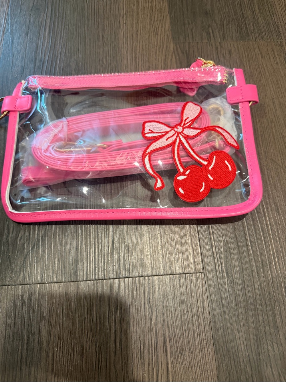 Clear PVC Crossbody Bag with Pink Trim & Cherry Patch
